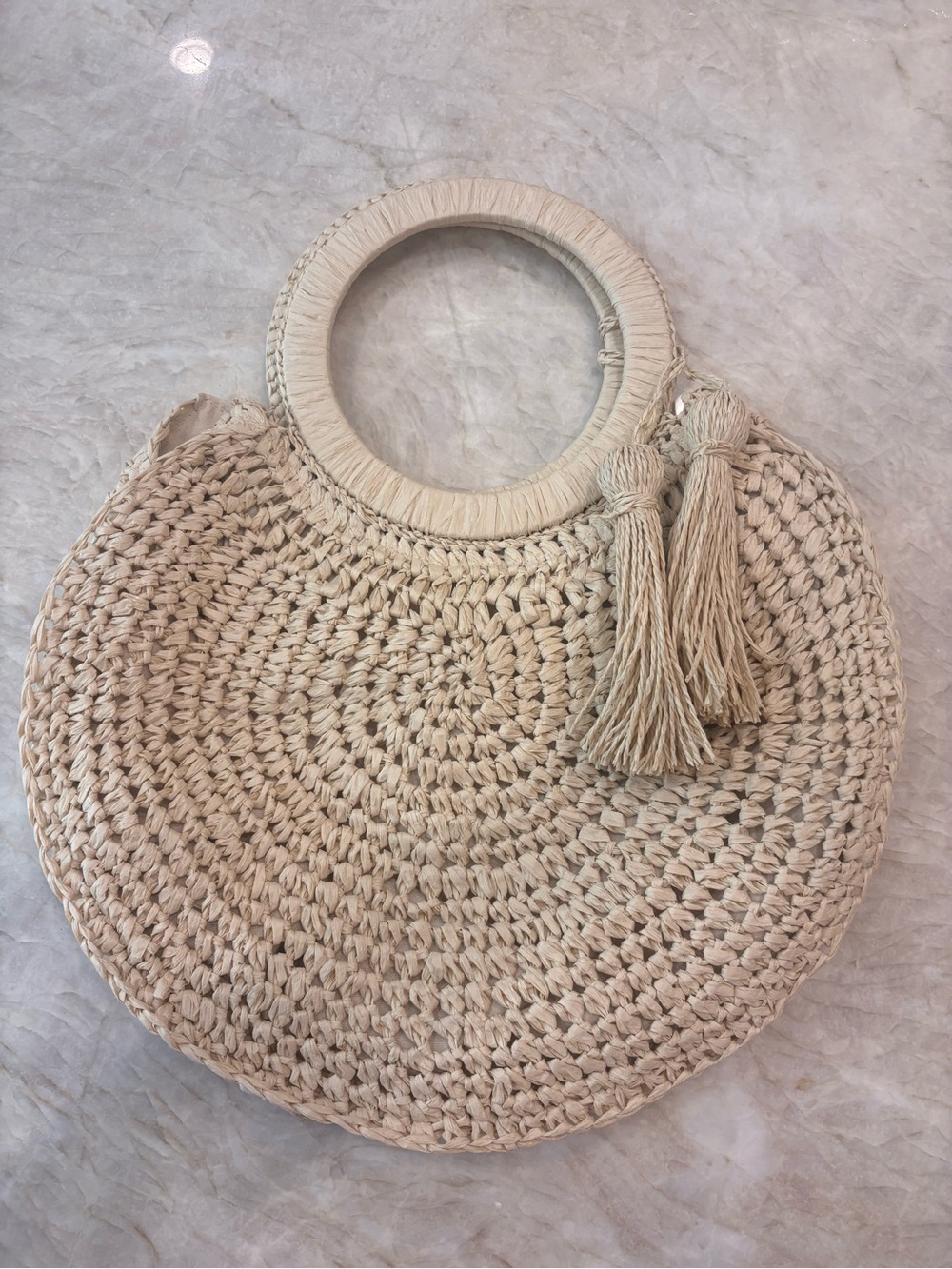 Woven Round Straw Tote Bag with Tassels - Beige